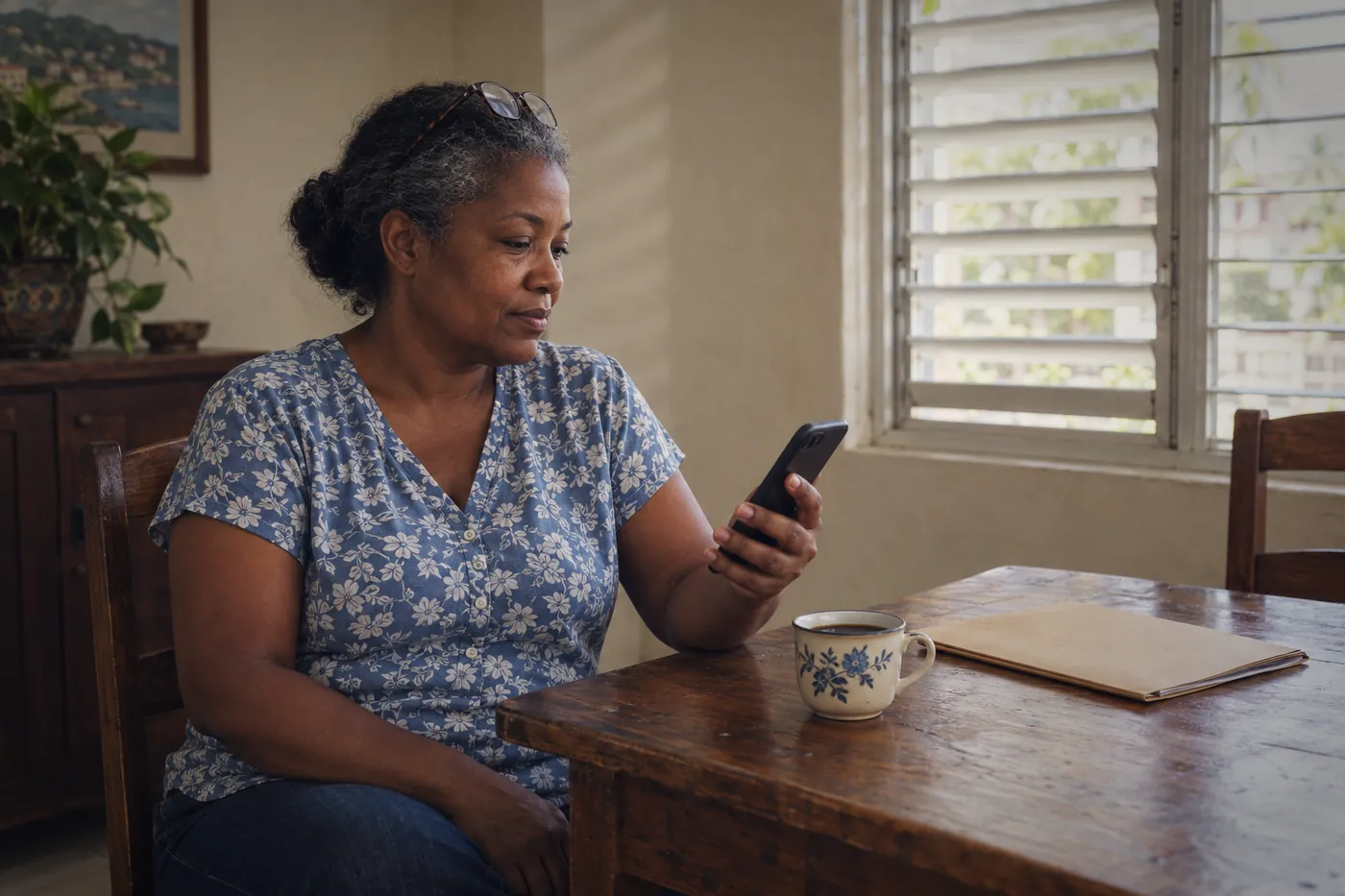 Une patiente consulte son portail sur son téléphone, chez elle